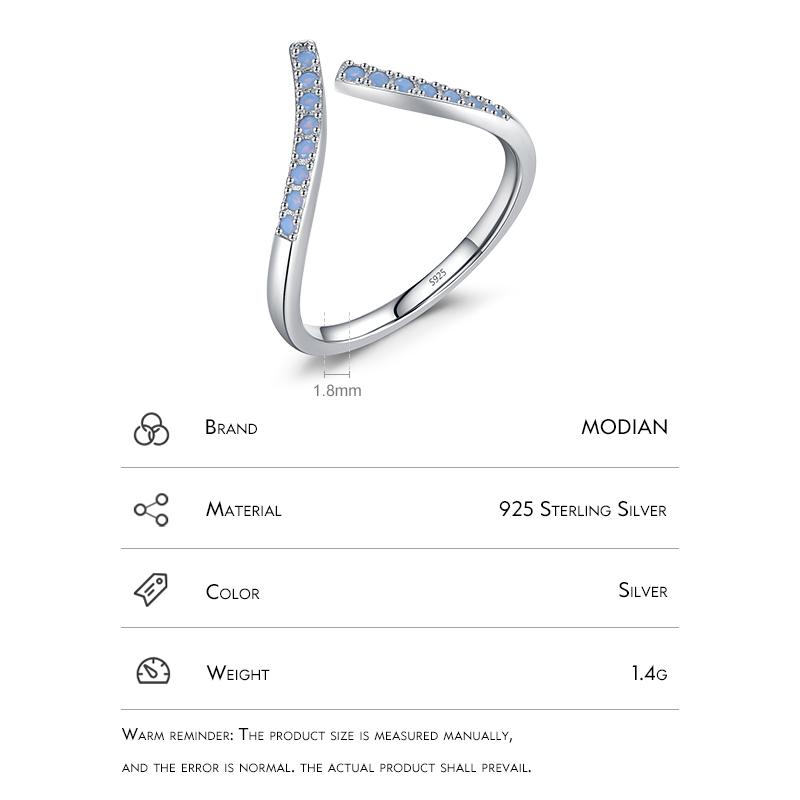 Modian 925 Sterling Silber Einfacher geometrischer blauer Opal verstellbarer Ring für Frauen Pave-Fassung Exquisiter Hochzeit edler Schmuck Geschenk