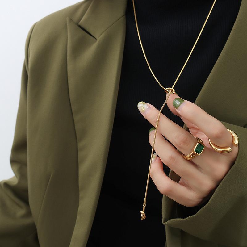Korean Ins Fashion Trendy Autumn Winter Long Heart-Shaped Knotted Sweater Adjustable 18K Gold Plated Stainless Steel Pendant