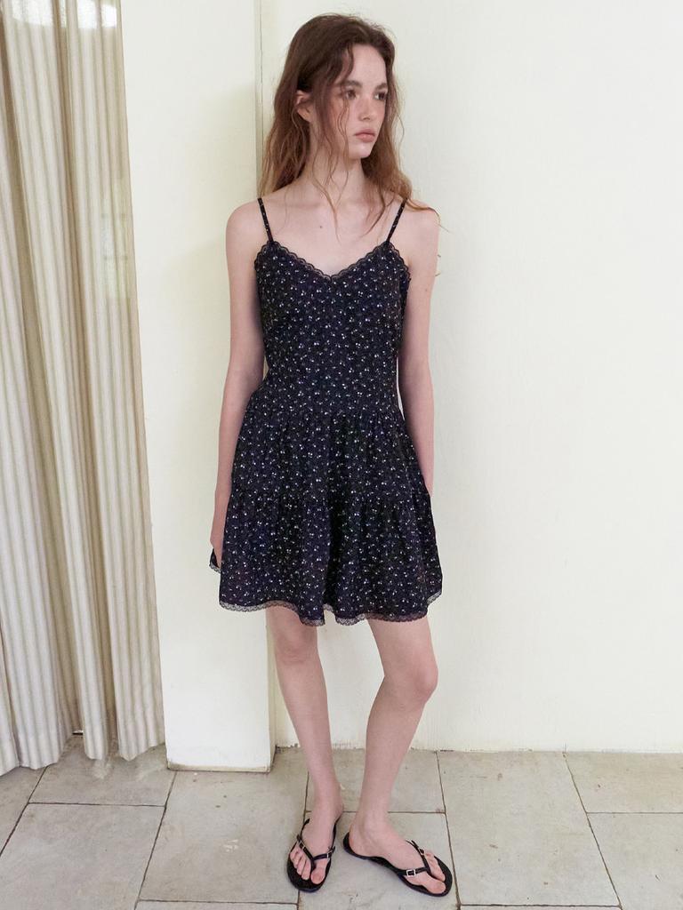 ETMON Slip Floral Tiered Mini Dress, Black