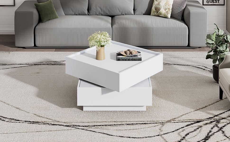 Functional Coffee Table for Living Room, 360 degrees Rotatable, Rotating Tabletop with 2 Shelves and Storage Space, Side Table Frame Pure White