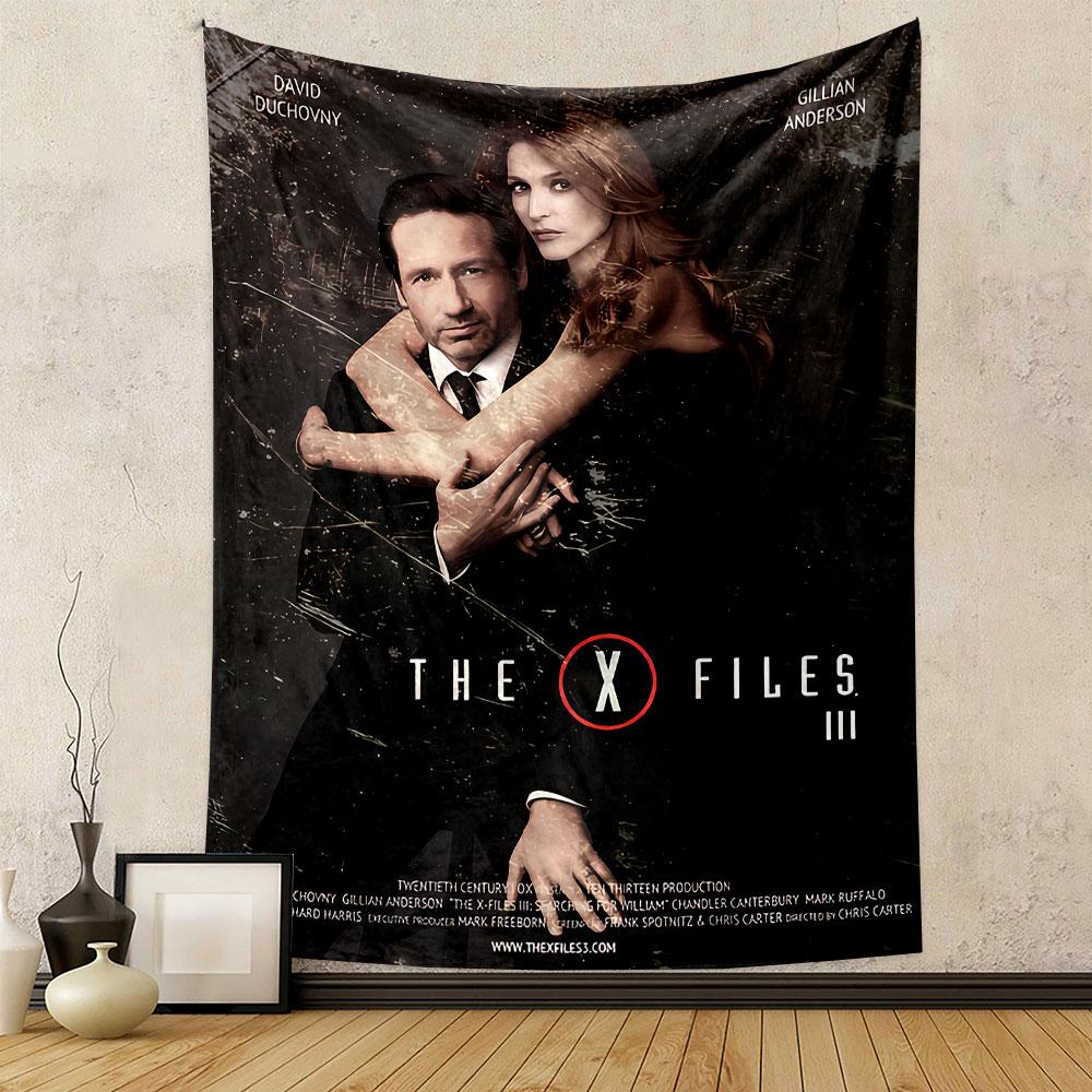 A man and woman in formal attire embracing with "The X-Files III" title. Patterned tapestry for bedroom and living room home decor