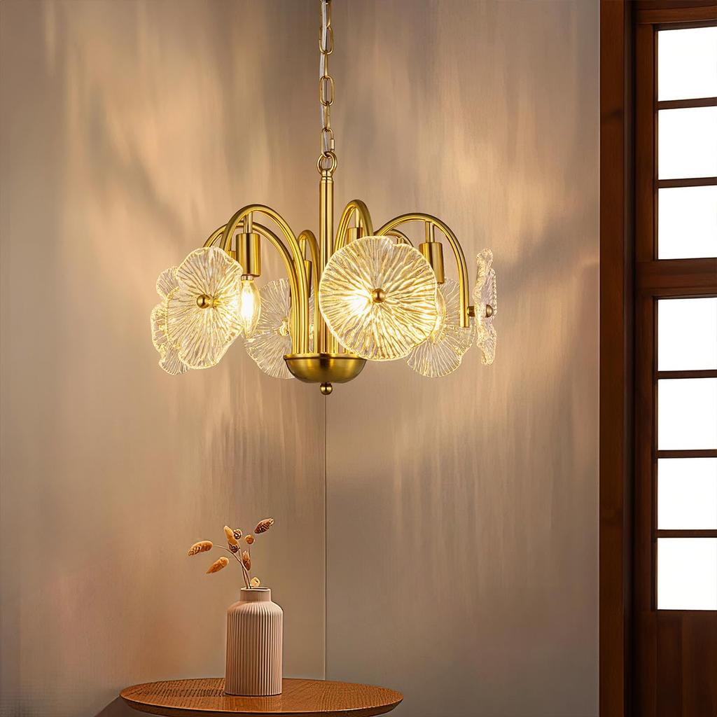 Chende Lotus Leaf Pendant Light, Glass, Nordic Ceiling Lighting Chandelier, 6 Lights, LED Compatible, Stylish, Japanese-Style Floral Lotus Leaf