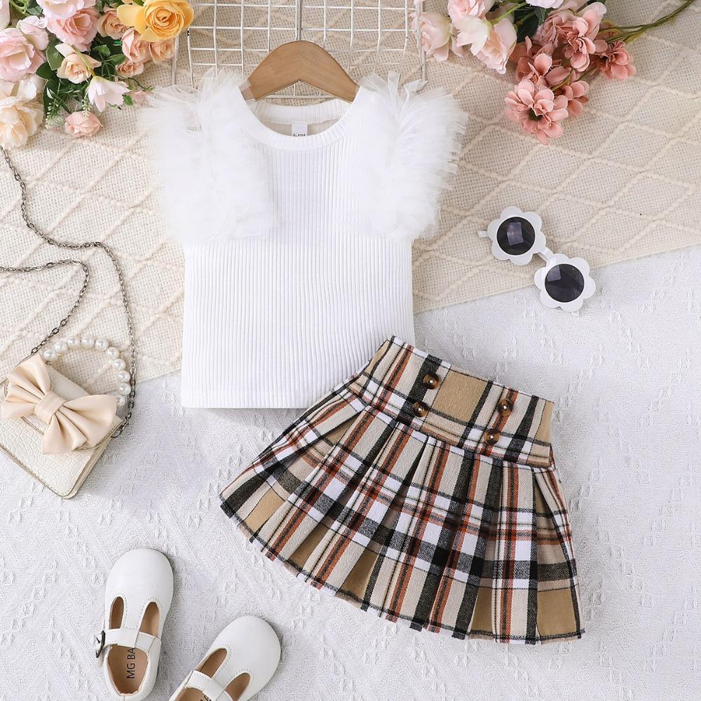 6M-3Y Baby Girl Summer Suit Baby Girl Short-sleeved Top + Mesh Flowers Layered Cake Skirt Girls Bustier Skirt