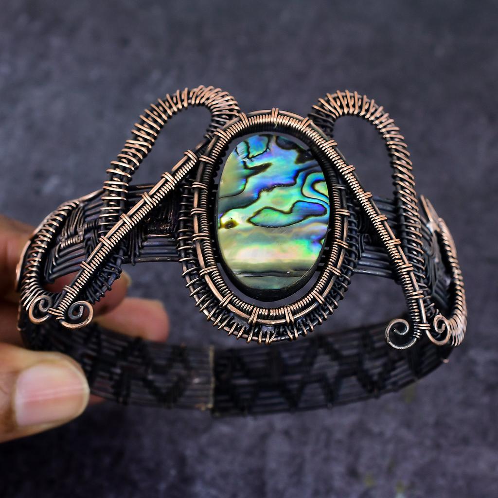 Natural Abalone Shell Gemstone Copper Wire Wrap Cuff Bangle Adjustable ET-4664
