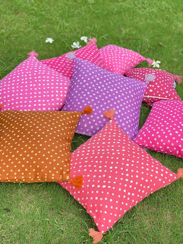Peach Bandhani Cotton 2 Cushion Cover Set- 16*16 inches