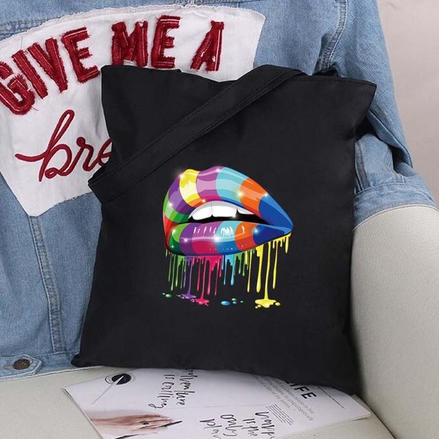 Sexy Lips Large Capacity Women Shopping Bags Shoulder Bag Fashion Black Printing Foldable Handbag Canvas Tote Bag