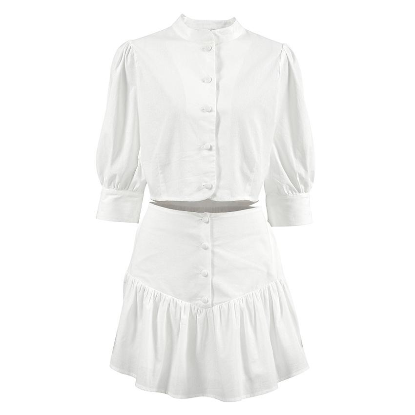 Summer cotton and linen white small stand-up collar five-quarter sleeve slim-fitting high-waisted short skirt two-piece set European and American 