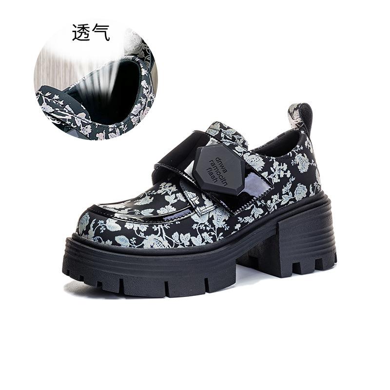 Guochao style flower cloth loafers 2025 spring new casual versatile Mary Jane thick heel small leather shoes single shoes