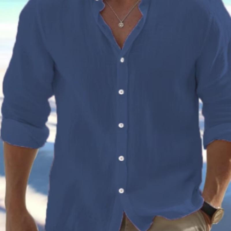 

Men s Cotton Linen Sale Men s Long-Sleeved Shirts Summer Solid Color Stand-Up Collar Casual Beach Style Plus Size L