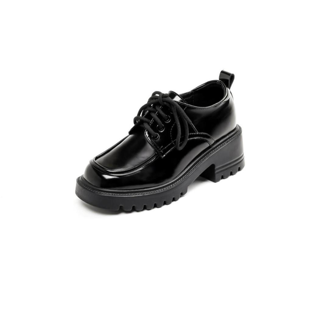 Women's 8cm Height-Increasing Leather Loafers - Chunky Heel, Lace-Up, Square Toe, Spring/Autumn Style