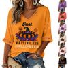 Women's V-Neck Three-Quarter Sleeve Halloween Print Blouse Top for Fall Festive Occasions
