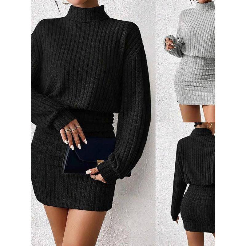 

Foreign Trade European and American Women s Clothing Amazon 2025 Fall/Winter Slim Fashion Sunken Stripe Turtleneck Hip Bag Long Sleeves Dress Black S
