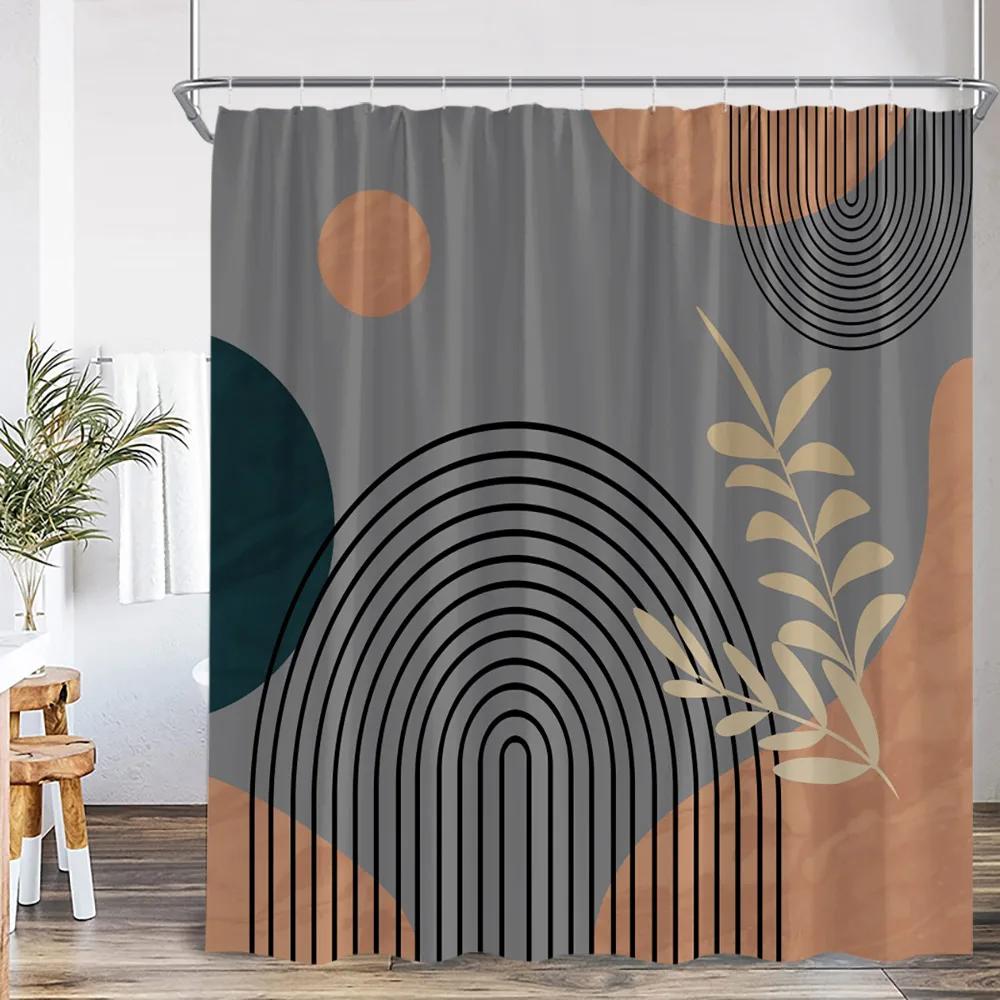 Mid Century Abstrakt Duschvorhang Blatt Kurve Einfache Linie Nordisch Modern Badezimmerdekor Polyestergewebe Badvorhang mit Haken