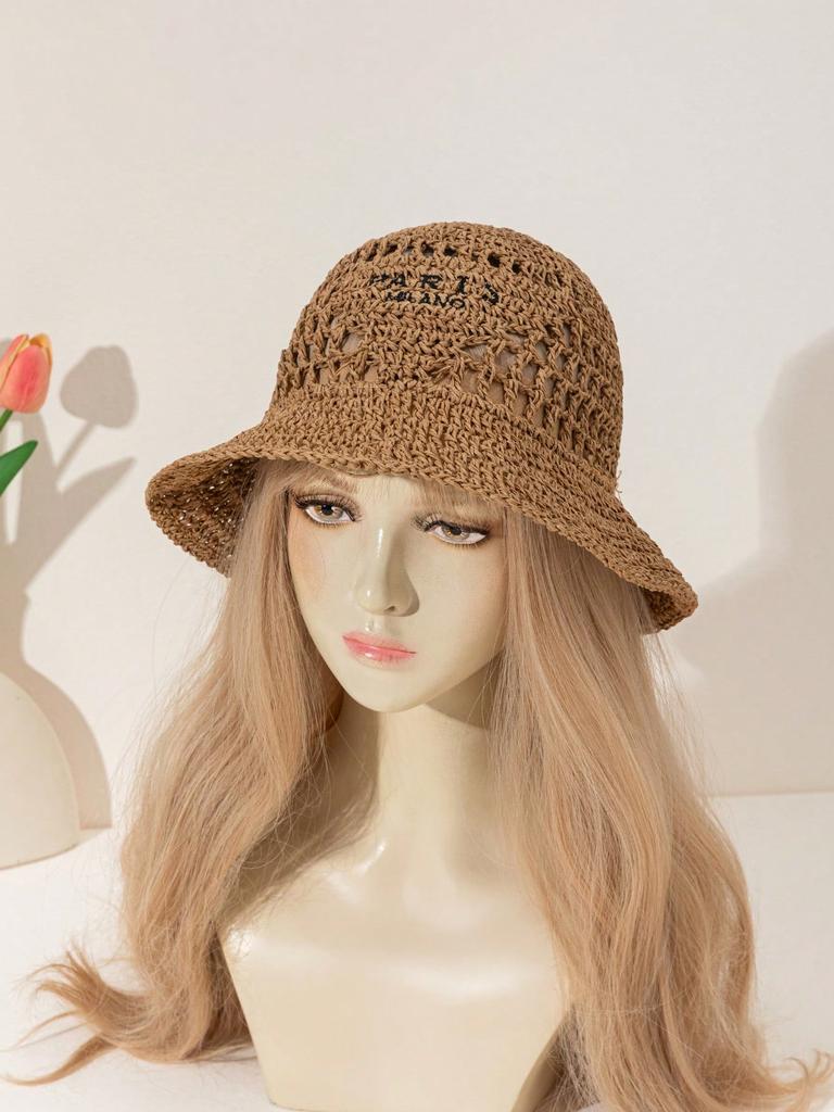 Women's Fashionable Bohemian Beach Resort Inverted Triangle Letter Embroidery Handmade Crocheted Straw Hat