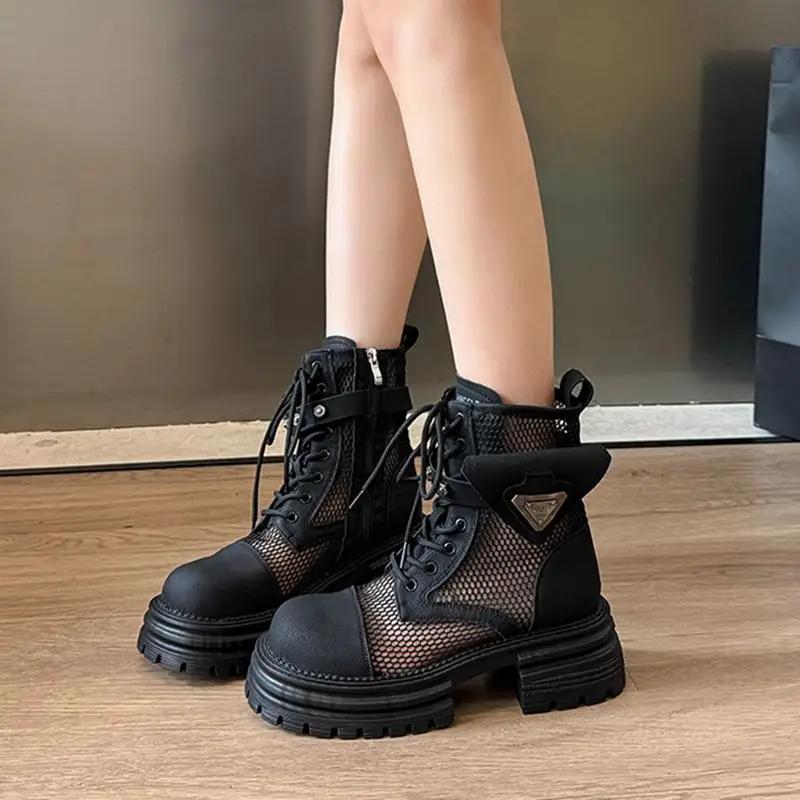 Fashion Punk Metal Decoration Breathable Mesh Boots Women 2025 Summer Chunky Platform High Heel Ankle Boots Fashion Thick Bottom Shoes