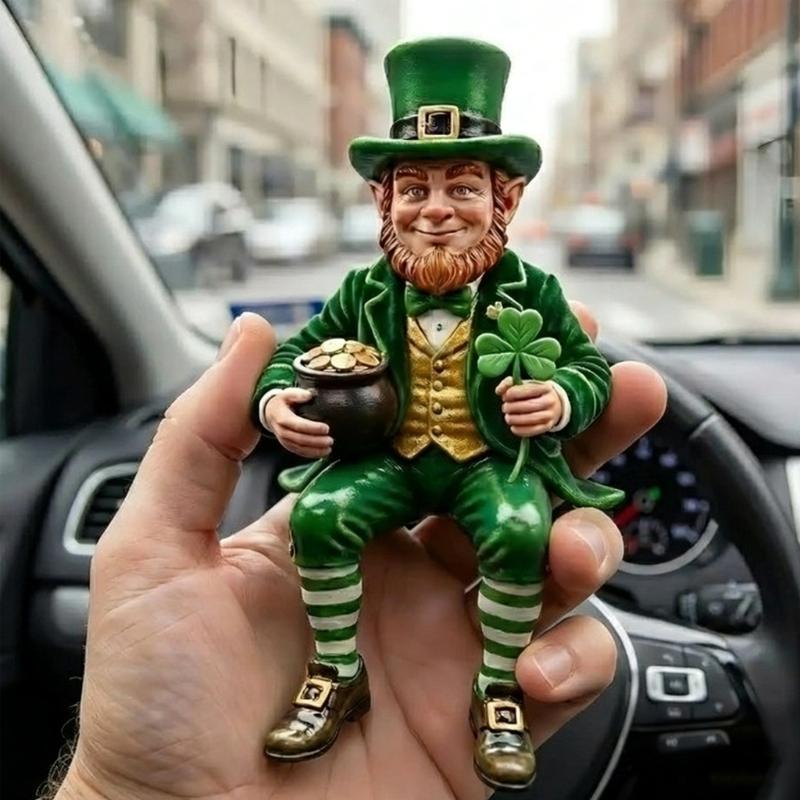 Patricks Day Leprechaun Collectible Resin Sitting Figurine with Shamrock For Shelf Or Desk Display Car Dashboards Decors