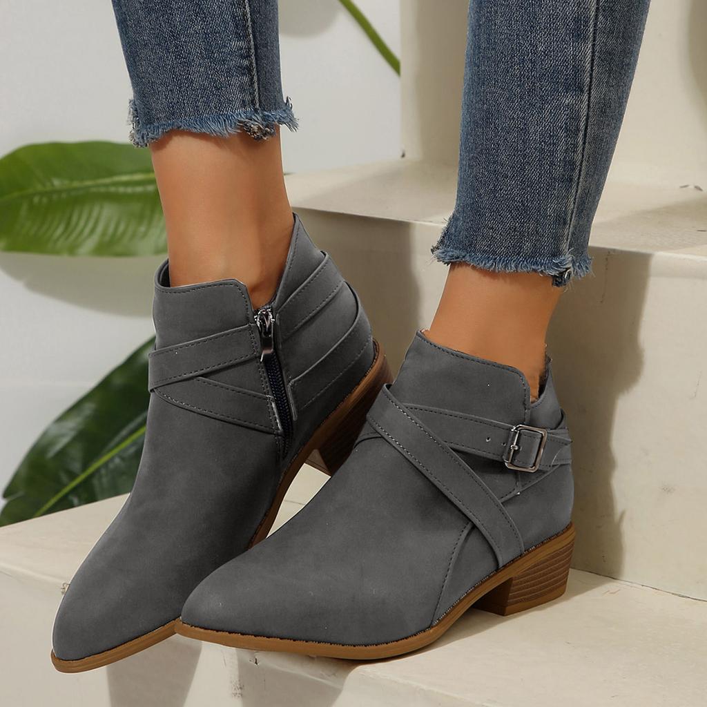 Damen Spitz zulaufend Mode Klobiger Absatz Gürtel Seitenreißverschluss Bequem Wildleder Knöchelhohe Stiefel Stiefel Für Damen Niedriger Absatz Offene Zehenpartie