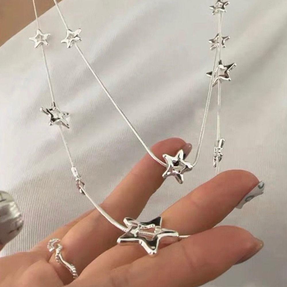 New Alloy Pentagram Star Pendant Silver Color Punk Long Chain Necklace Double Layer Y2K Style Choker