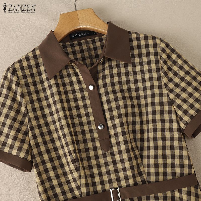 ZANZEA Damen Freizeit Langkleid mit Umlegekragen und Karomuster, Kurzarm