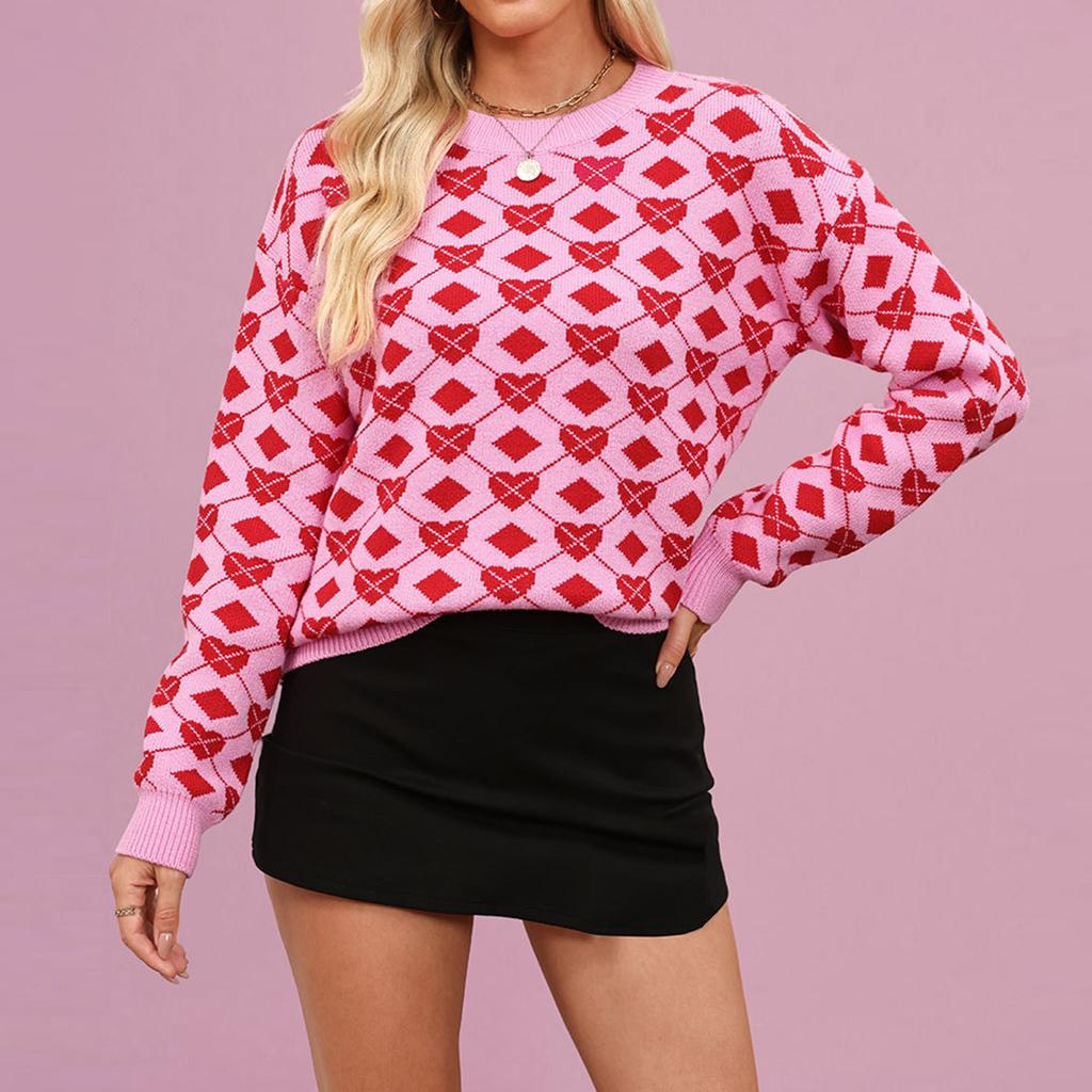 Women's Fashionable Round Neck Long Sleeved Heart-shaped Pullover, Contrasting Color Pullover, Sweater Top