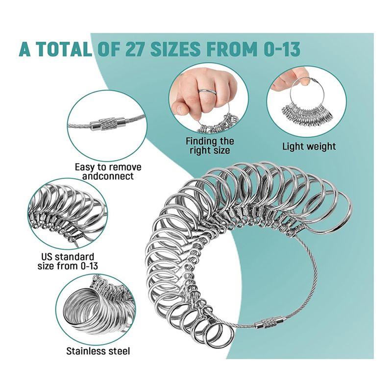 A74E-Ring Sizer Measuring Tool Ring Mandrel Steel Ring Measurer And Ring Sizer Rubber Jeweler's Mallet Hammer, Finger Stick