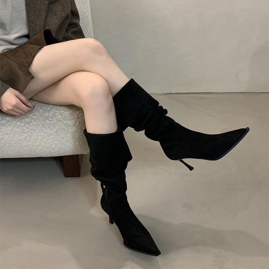 Big tube high heel frosted pointed pile boots women's thin heel long tube over knee fat mm thick legs high tube