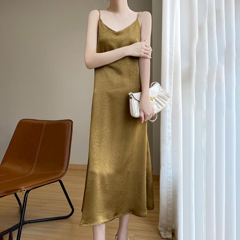 Summer New Style Women's Mulberry Silk Blended Dress Female Slim Waist Medium and Long Commuting Temperament Fashion Breathable Daily Dress