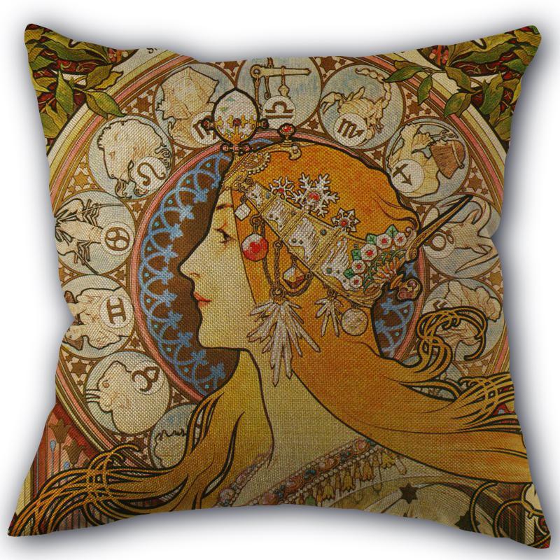 Custom Alphonse Mucha Art Pillowcase Cotton Linen Fabric Square Zipper Pillowcase 45X45 Wedding Decorative Pillow Cover