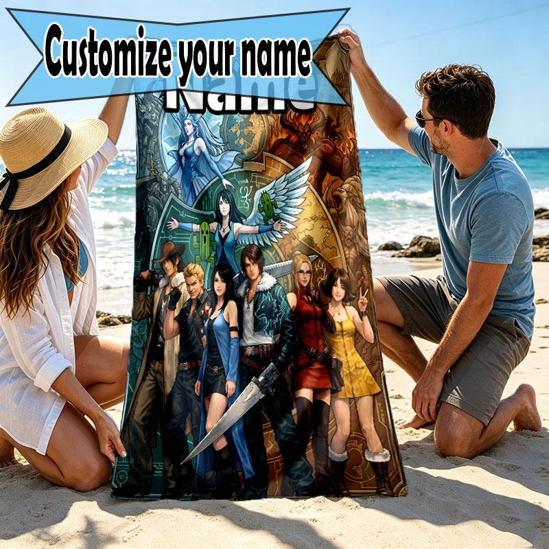 Custom Name Personalized Final Fantasy Print Beach Towel, for Trip Camping Beach Party Home Decor, Birthday Gift for Family & Friends