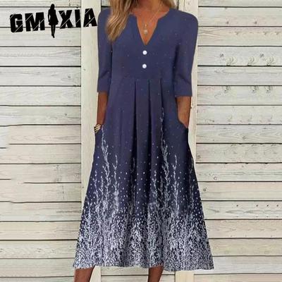 Moda feminina verão primavera cor sólida estampa manga comprida decote em v cintura alta vestidos casuais