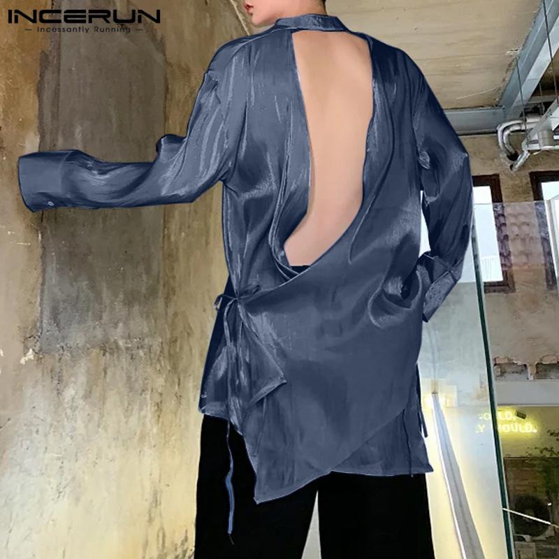 INCERUN Ανδρικά Γκλίτερ Πουκάμισα Μακρυμάνικα Κουμπιά Μονόχρωμα Ανοιχτή Πλάτη Τοπ με Μπαντάζ