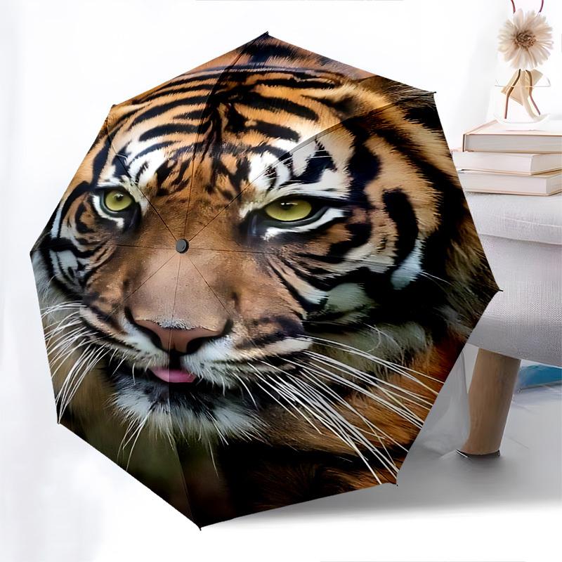 Tiger Face Themed Automatic Opening and Closing Umbrella, Brightly Colored 8-rib Portable Umbrella, Suitable for Men and Women, A Perfect Gi