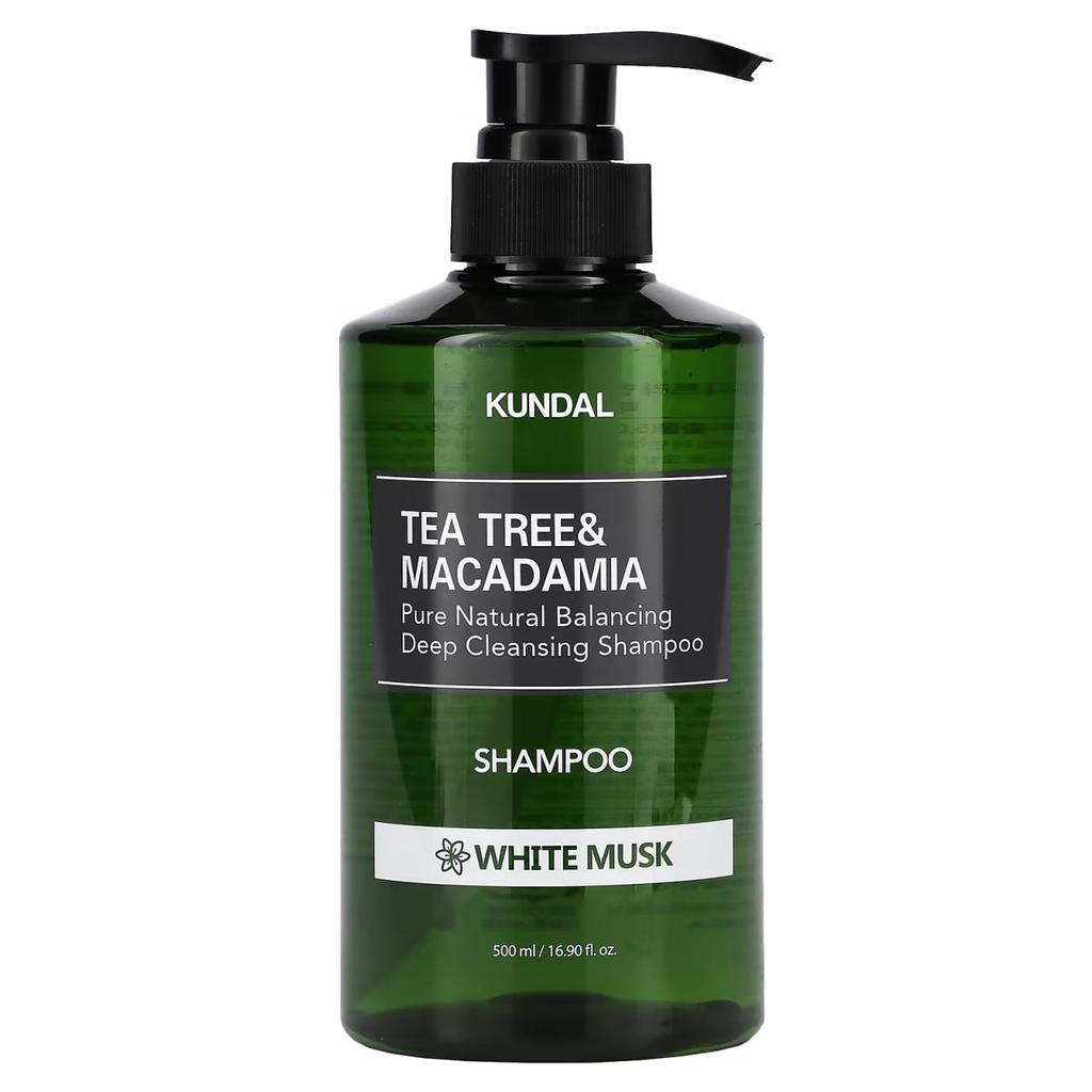 Shampooing à l'arbre à thé pour cuir chevelu gras Tea Tree & Macadamia Shampooing Nettoyant Profond Musc Blanc Kundal 500 ml