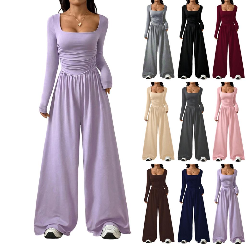Women's Fashion Casual Long Sleeve Square Neck Wide Leg Jumpsuit Slim Fit Color