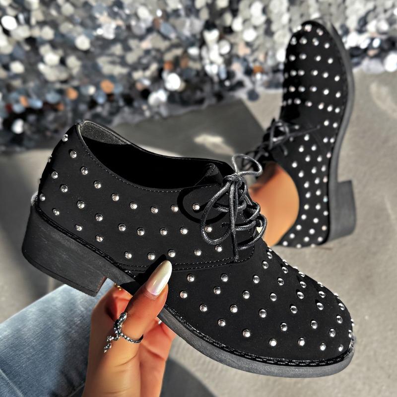 Women's Low Heel Lace-Up Flats with Metal Studs, Casual Slip-On Fashion Shoes, Plus Size Footwear
