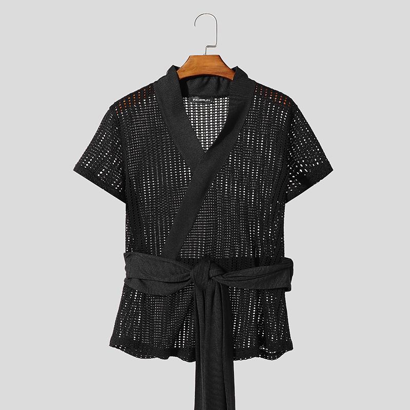 INCERUN Men V Neck Short Sleeve Hollow Out Front Cross Bandage Beach T-shirts