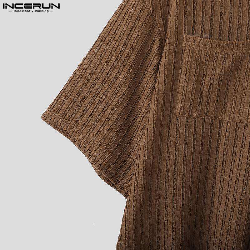 INCERUN Plus Size Men Lapel Neck Short Sleeve Texture Casual Shirts Tops