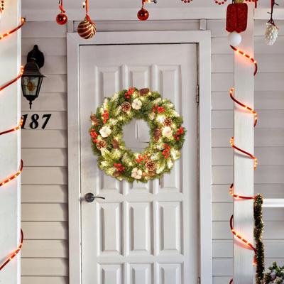 Christmas Wreath with Lights Green Leaves for Front Door Window Wall