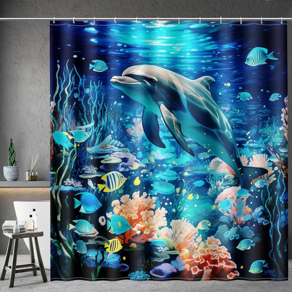 Funny Cat Shower Curtains Cute Cat Riding Whale Shark Fantasy Jellyfish Fun Shower Curtain Set with Kids Bathroom