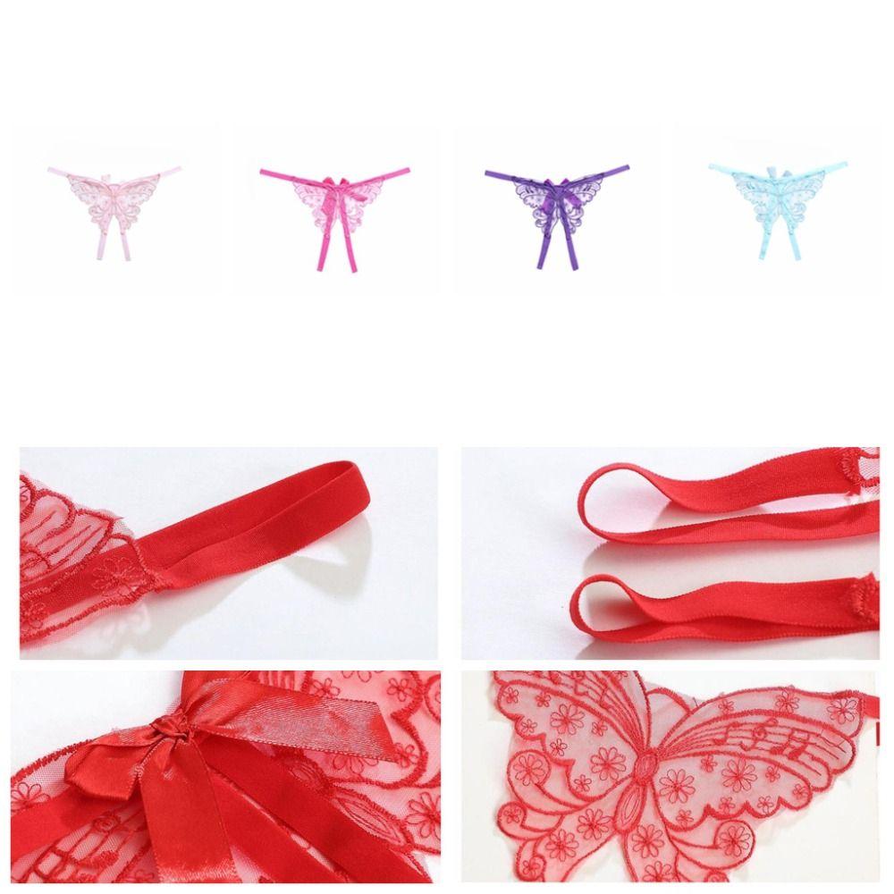 Open Crotch Lace Embroidered Panties Butterfly Bowknot T-Pants Lingerie Sexy Mesh Thongs  Girl