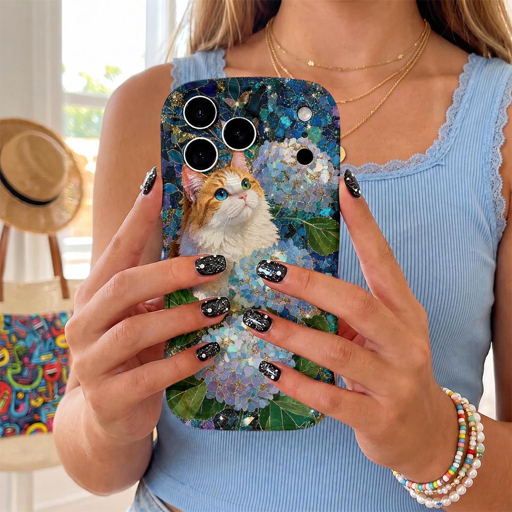Orange Cat Blue Hydrangea Wavy Edge Phone Case For iPhone 16 15 14 Pro Max 13 12 11 Mini XR XS SE 2020 7 8 Plus Air Cover