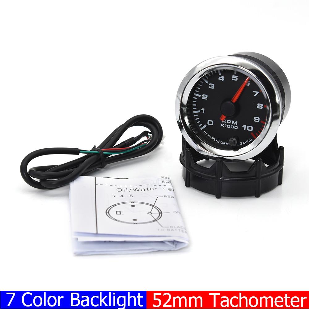 Automobile Tachometer with 7 Color Backlight 2" 52mm Tachometer 0~10X1000 RPM Tacho Gauge for 4 6 8 Cylinder Gasoline Car 12V