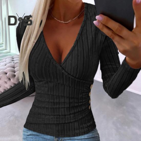 Dámské podzimní jednobarevné topy s hlubokým výstřihem do V, halenka s dlouhým rukávem, elegantní slim fit, knoflíky, dekorace, žebrované svetry