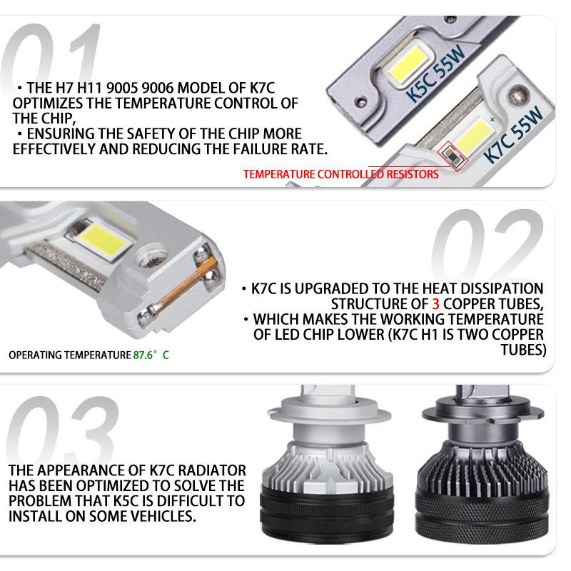 K7C 4300K H7 H4 H11 Led Lamp 3 Copper Tube Led