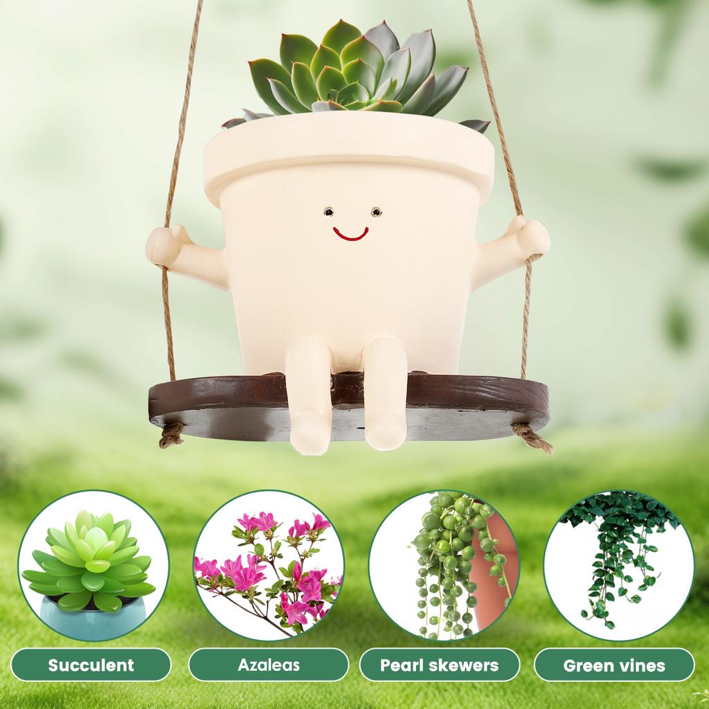 2Pcs Cute Hanging Swing Pot Decorative Hanging Swing Planter Portable Resin Head Planter  Charming Swing for Gardens