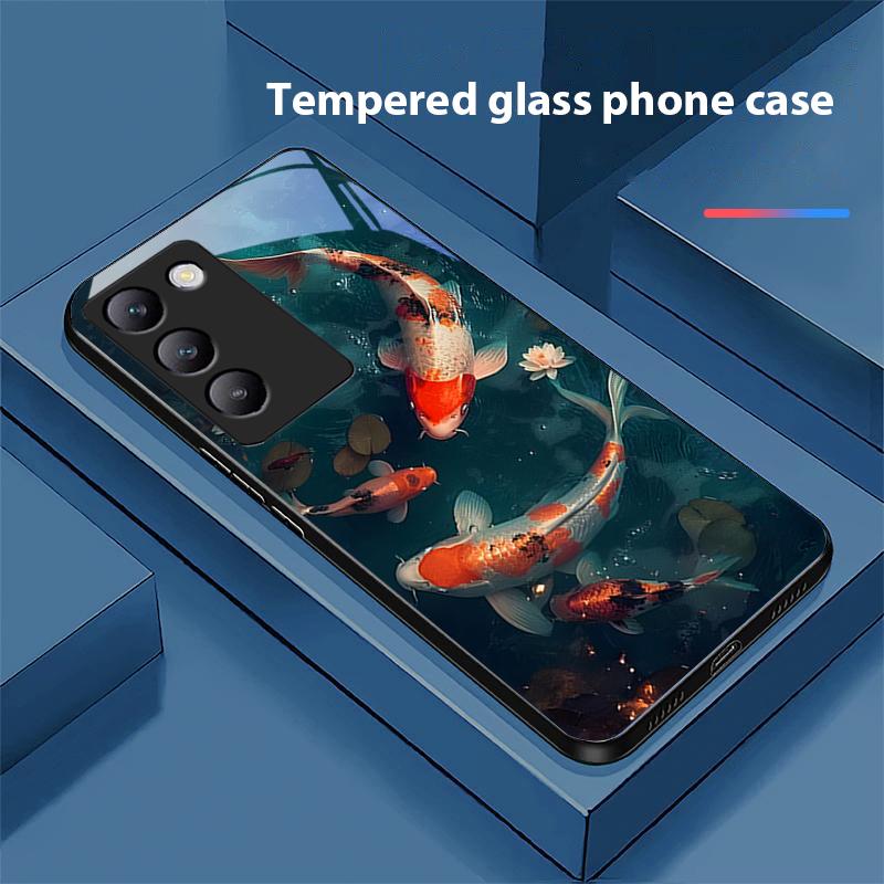 Chinese Wind Fish For Y72 33S 11 03 36 96 Lite 35 16 Iqoo 12 V40 SE 5G 29 40 21 30 X80 Pro Vivo Tempered Glass Phone Case Black