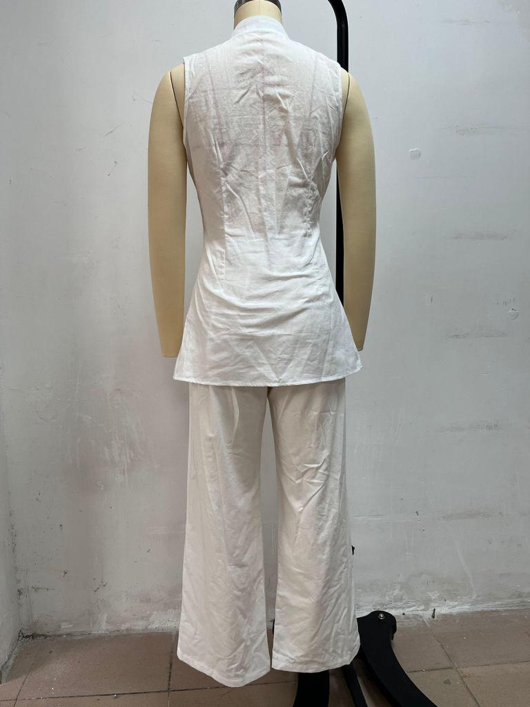 European-American Cotton Linen Drape Sleeveless Shirt & Long Pants Fashion Set