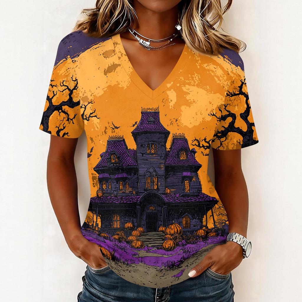 Women's Casual Short Sleeve V Neck Pullover Top Halloween Themed Graphic Print Lightweight Comfortable Fit