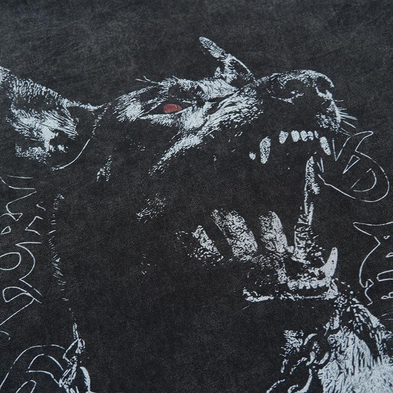 American Street Trend Men'S T-Shirt Hiphop Retro Doberman Print Loose Short-Sleeved Washed T-Shirt Men