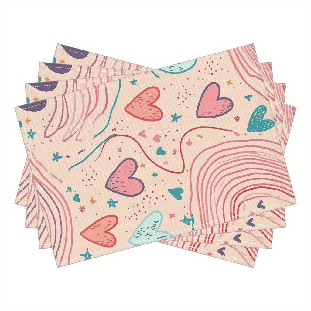 

4pcs Cute Heart Pattern Placemat Linen Blend Washable Table Mat for Kids Girls Dining Kitchen Decor Gift Idea 4Pcs-30X45cm(12X18in